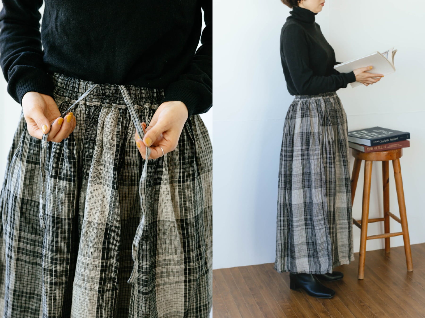 ichi Antiquités Linen Big Check Skirt